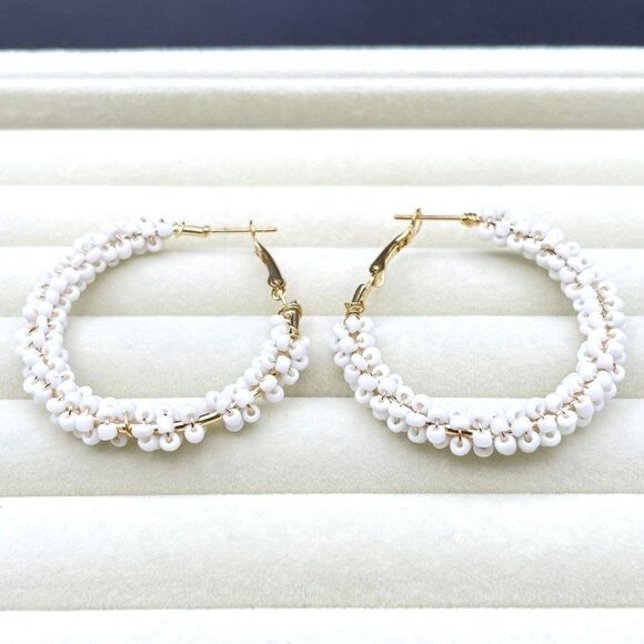 Yellow Gold Wire Wrapped White Beaded Open Round Hinged Post Hoop Earrings - Picture 5 of 9